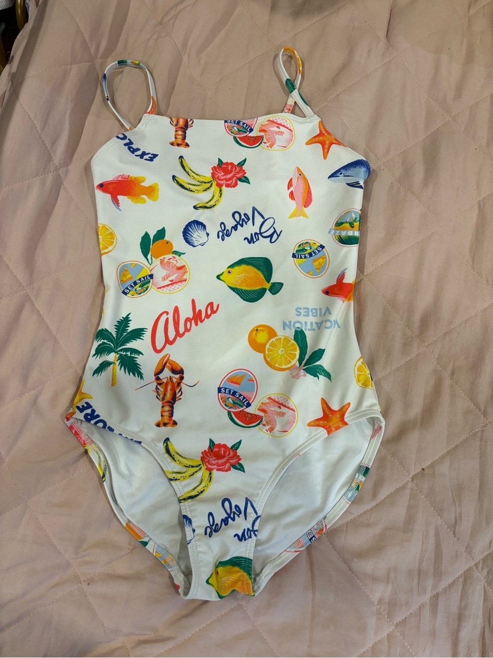 Old Navy White One-Piece Swimsuit with Tropical Multicolor Print